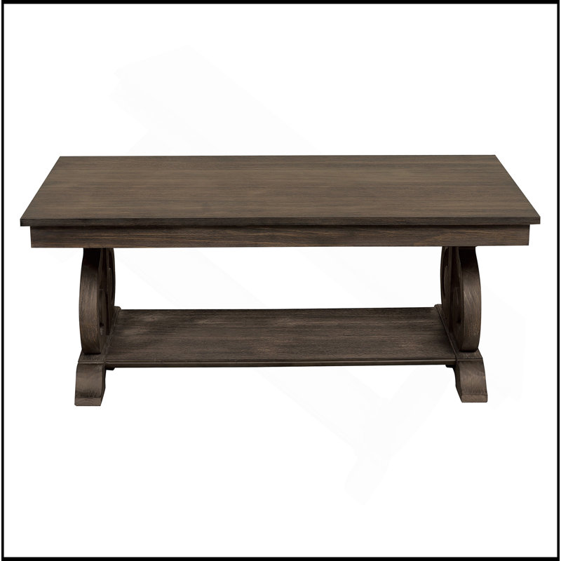 Table basse française française avec finition chêne foncé, base à volutes et amp; Tablette inférieure pour le salon