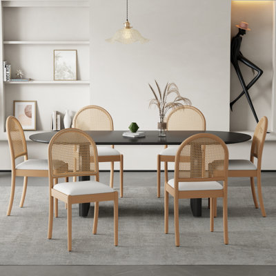 Tammara 70" Oval MDF Dining Set (5/7-Piece), Rattan Chairs With Boucle Seats & Solid Wood Legs, Luxury Versatile Dining Room Set