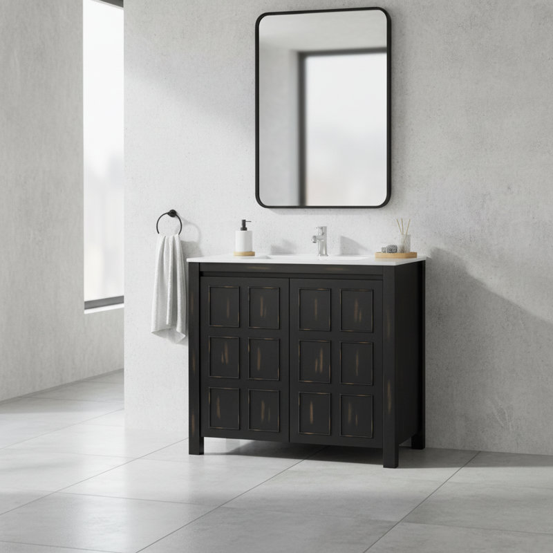 Meuble-lavabo vintage 36 po | Lavabo en céramique et rangement en bois massif