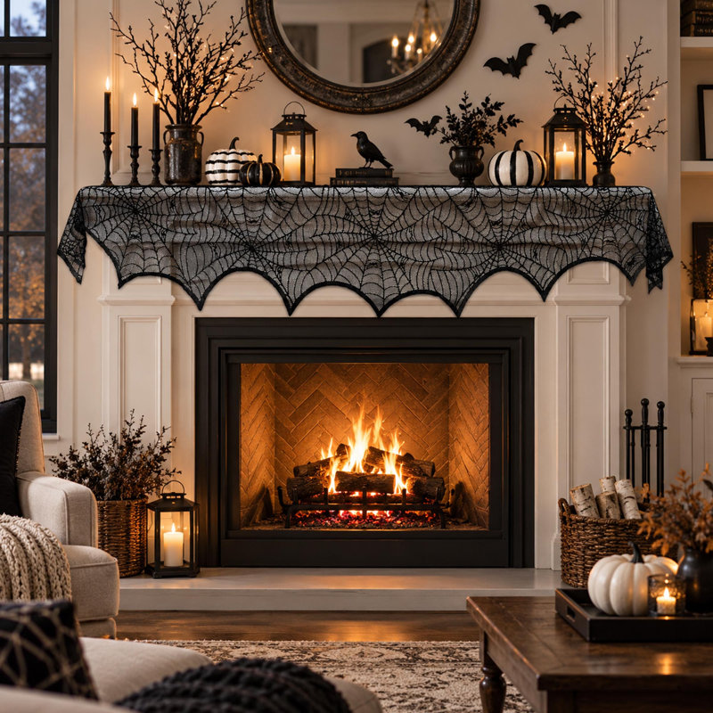 Écharpe de cheminée en toile d'araignée 18 po x 96 po pour décorations d'Halloween