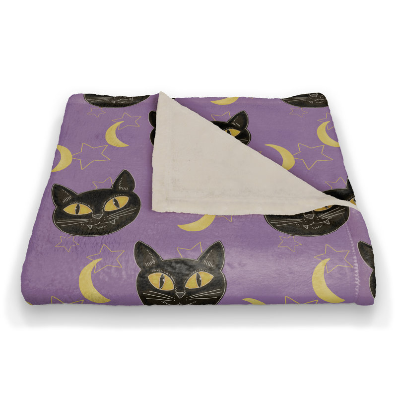 Purple Cat Moon and Stars Fleece Throw Blanket