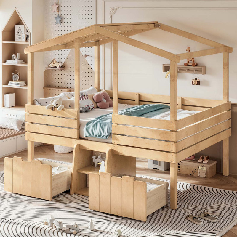 Lit double mezzanine double avec de jolis escaliers et 2 grands tiroirs de rangement, conception enfantine, aucun sommier tapissier, style campagnard, finition naturelle
