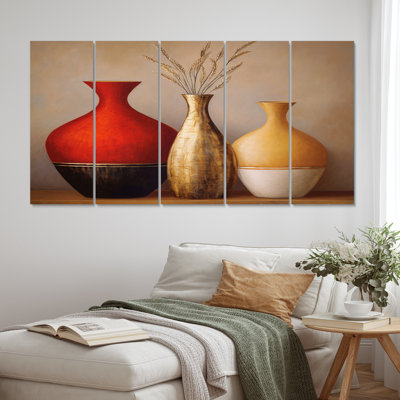 Nature morte vases avec gracieux blé séché III - impression d'art mural Boho Pottery - 5 panneaux égaux