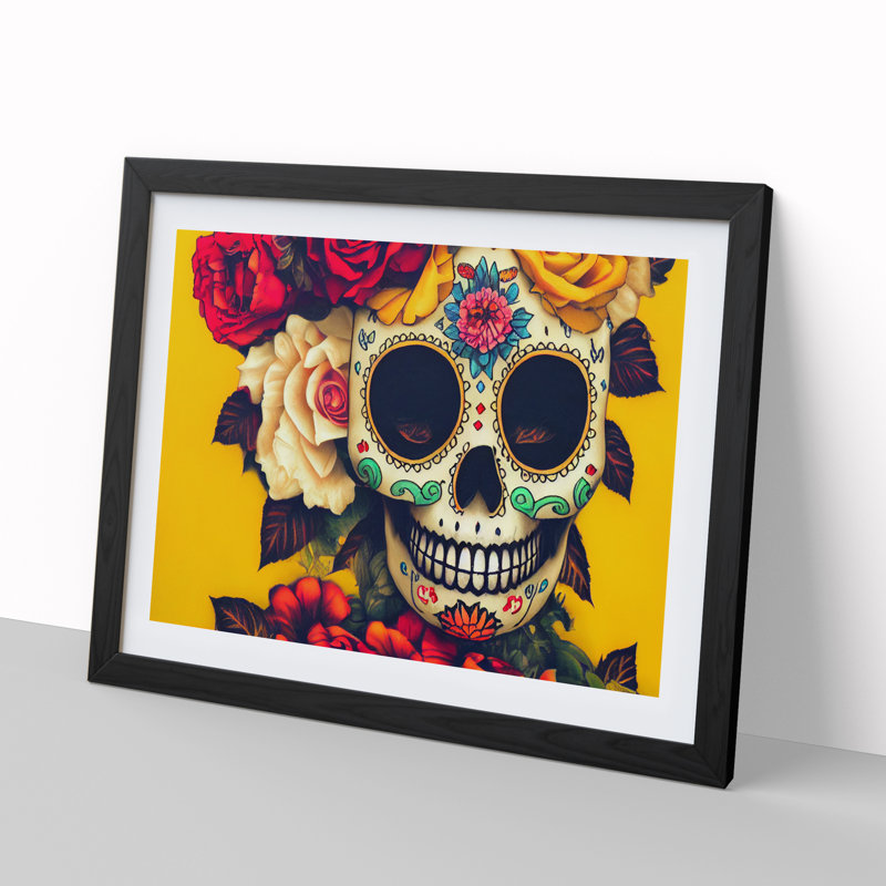 Magnificent Floral Sugar Skull - Single Picture Frame Print, 25cm H x 34cm W x 2cm D, Black