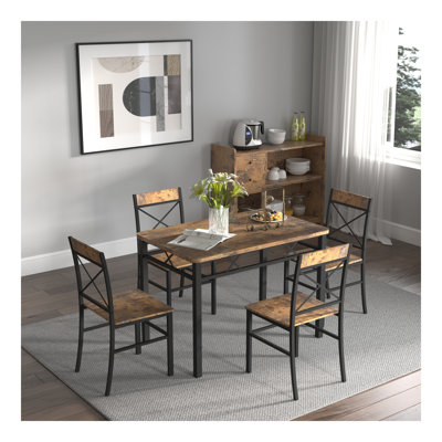 Dining Table Set for 4, Wood Kitchen Table with Chairs Dinning Table Set for Kitchen & Dining Room, Compact Dining Set for Small Spaces, Rustic Brown