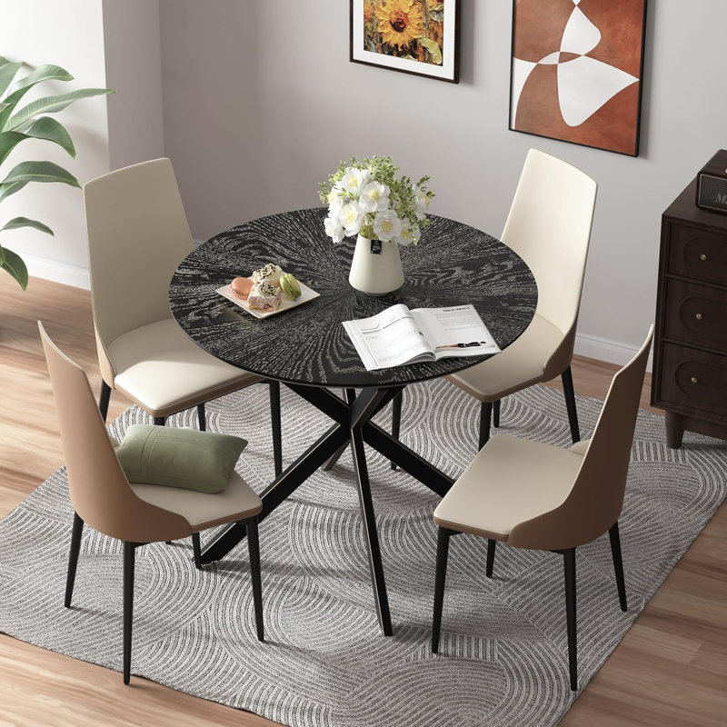 Round Dining Table Set, Small Kitchen Table and Chairs Set 36 inch Modern Metal Cross Base Dinner Table, 5