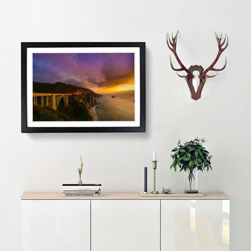 Bixby Bridge in California - Picture Frame Painting Print, 36cm H x 48cm W x 2cm D, Black Framed