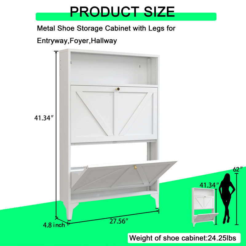 Shoe Storage Cabinet For Entryway With 2 Flip Drawers, Freestanding Shoe Organizer With Legs,farmhouse Narrow Shoe Storage Cabinet For Entryway, Foyer, Hallway,living Room
