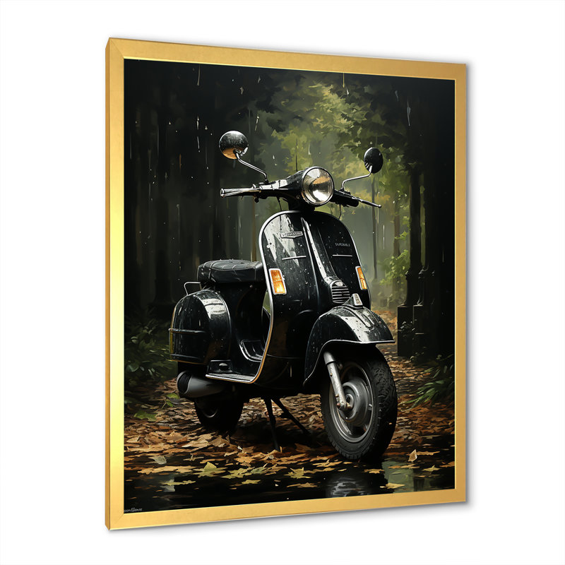 Sentier forestier et scooters sur toile, Cadre doré simple, H 20 po x l 12 po x P 1 po