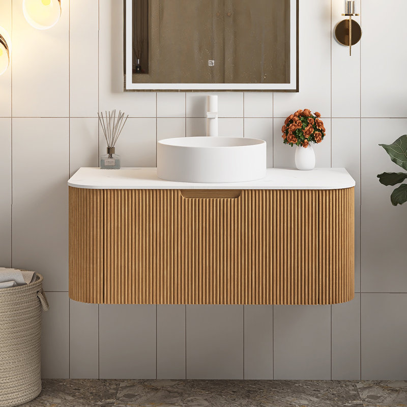 36" Wall-Mounted Floating Bathroom Vanity With Sink, Natural Wood