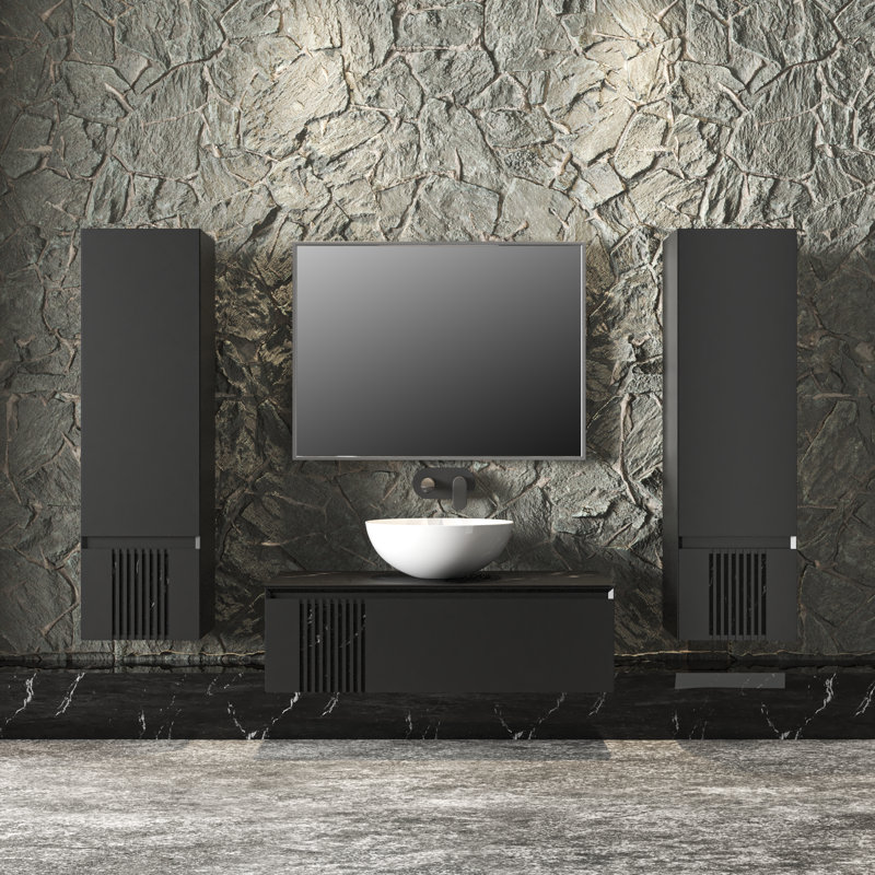 39.44'' Single Bathroom Vanity with Ceramic Top with Mirror, Concrete