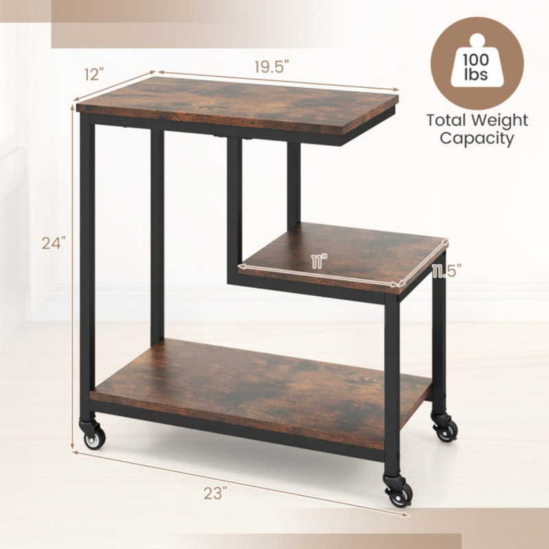 Table de bout mobile à 3 niveaux avec tablettes ouvertes en forme de G, Brun rustique