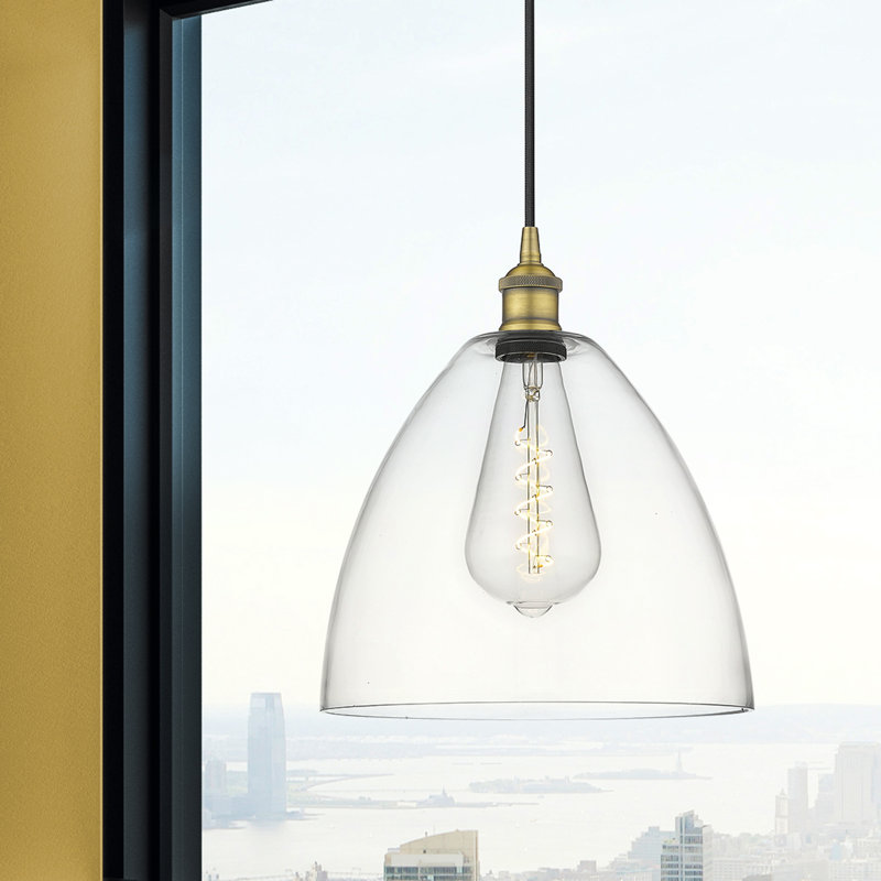 Luminaire suspendu en forme de dôme à 1 lumière Bluford, H 13,75 po x l 12 po x P 12 po, Transparent, Laiton brossé