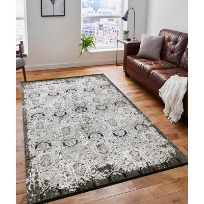 Tapis abstrait en viscose tissé à la machine Rodey en blanc / noir / brun