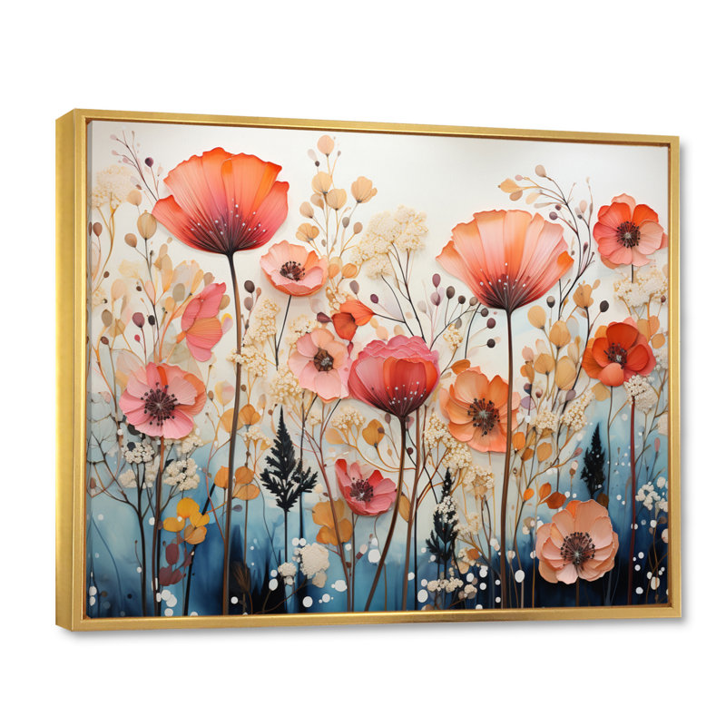 «Coral Whimsical Botanical Wilds I», reproduction, Cadre flottant doré, H 16 po x l 32 po x P 1 po