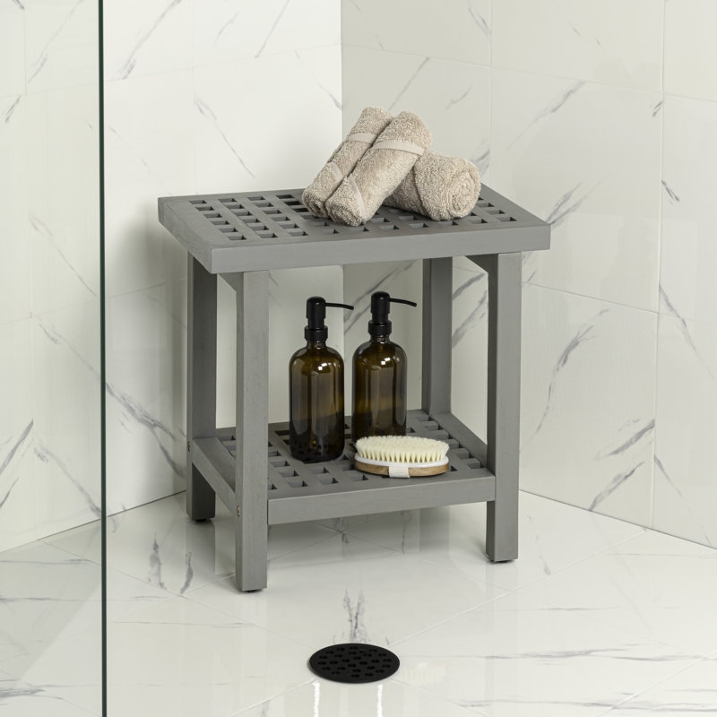 Armin 18" Modern Gray Acacia Wood Shower Stool with Storage Shelf, Heavy Duty Slatted Bath Spa Bench for Bathroom, Shower & Entryway