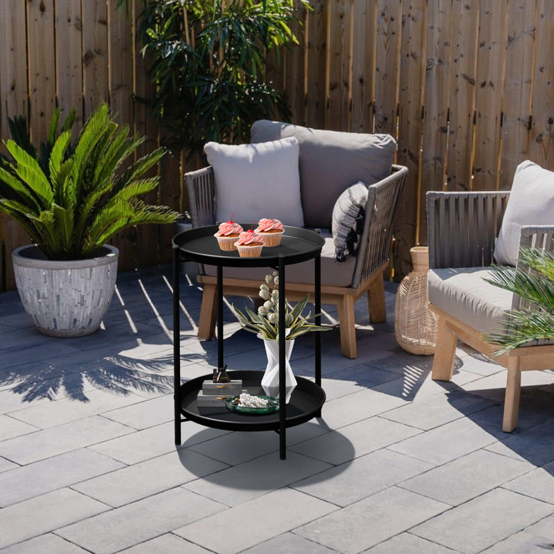 Outdoor Side Table, 2-Tier End Table Round Accent Table, Black