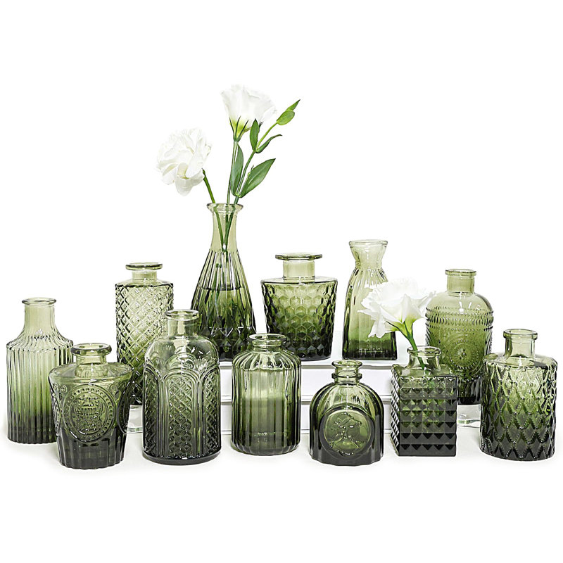 Ensemble de vases en verre 12 pièces, petits vases à fleurs vertes pour centres de table en vrac, mini vase rétro pour mariage, maison, décoration de table