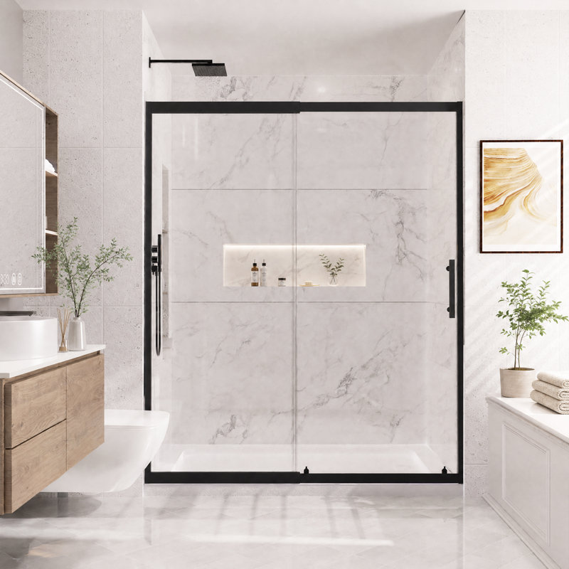 Porte de douche coulissante simple encadrée, 142 à 152 cm de largeur x 183 cm de hauteur, verre trempé de 6 mm avec revêtement nano facile à nettoyer, réglage télescopique de la largeur sans découpe sur 10 cm, coulissante réversible gauche/droite