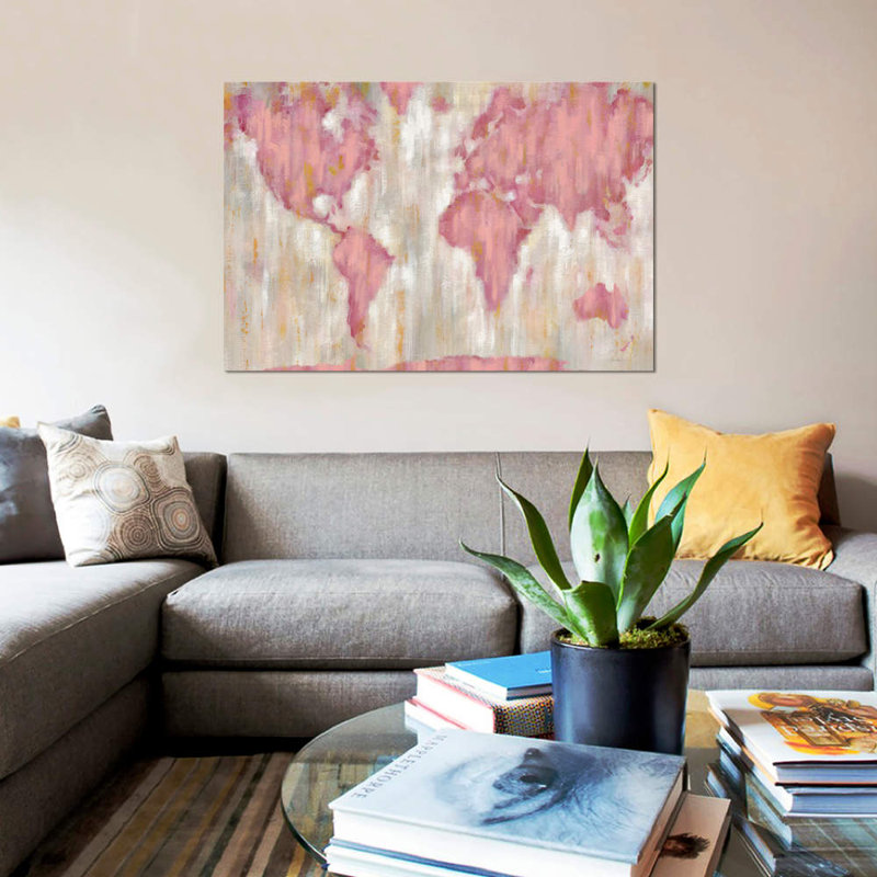 «Blush World Map», impression sur toile, H 18 po x l 26 po x P 1,5 po, Papier d'art encadré noir, Blanc