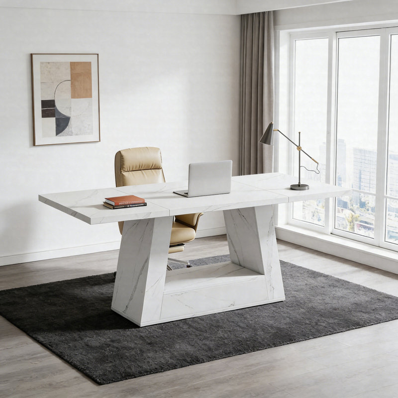 Bureau d'ordinateur 63 po - Bureau de direction en faux marbre, Blanc