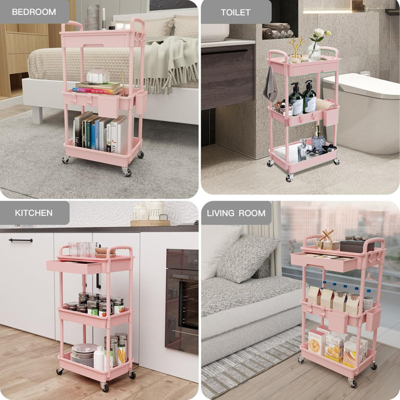 3 Tier Rolling Utility Cart with Drawer,Utility Cart Made of Multifunctional Storage Organizer Tool, Pink