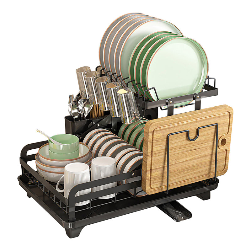 2-Tier Metal Dish Drying Rack with Drain Board 360-Degree Rotatable Anti-Rust Coating, Black