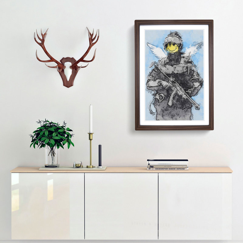 Smiley Policeman by Banksy - Picture Frame Painting Print, 36cm H x 27cm W x 2cm D, Walnut Framed
