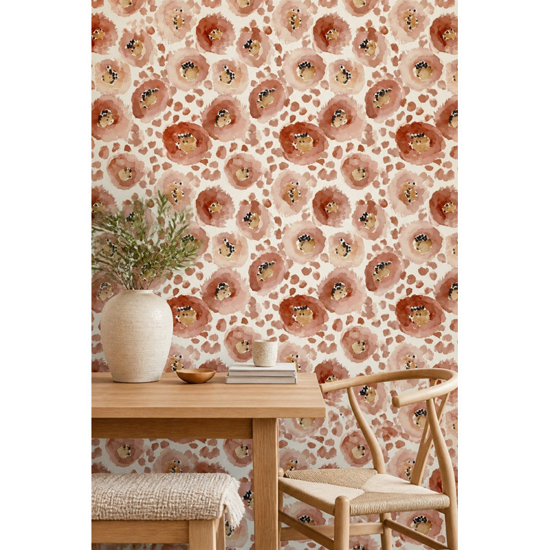 Papier peint floral terracotta à motif aquarelle rose poudré, Non-Woven Non-Pasted