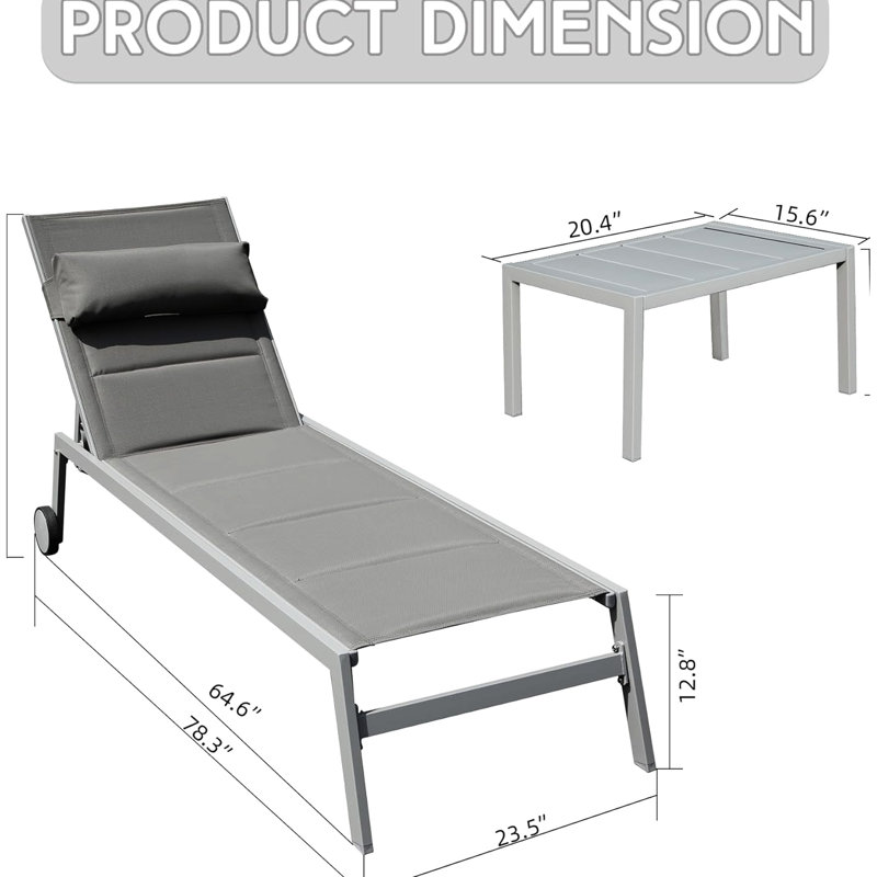 Chaise longue d'extérieur pour terrasse : structure en aluminium, fauteuil inclinable réglable et table d'appoint à roulettes. Grise. Parfait pour la piscine, le jardin ou la plage. Dossier amovible. Ensemble de 3 chaises longues en tissu. Emplacements : balcon.
