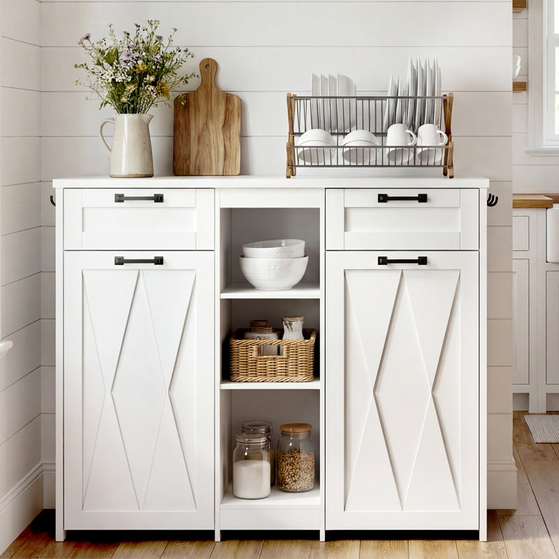 Armoire à linge, paniers à linge amovibles sur roulettes, armoire à poubelle cachée en bois avec 2 tiroirs et 3 compartiments ouverts, pour la salle de lavage