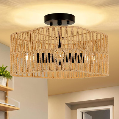 Plafonnier en rotin Boho, lustre semi-encastré avec abat-jour tissé à la main, éclairage campagnard moderne pour salon, chambre à coucher, cuisine, chambre de bébé