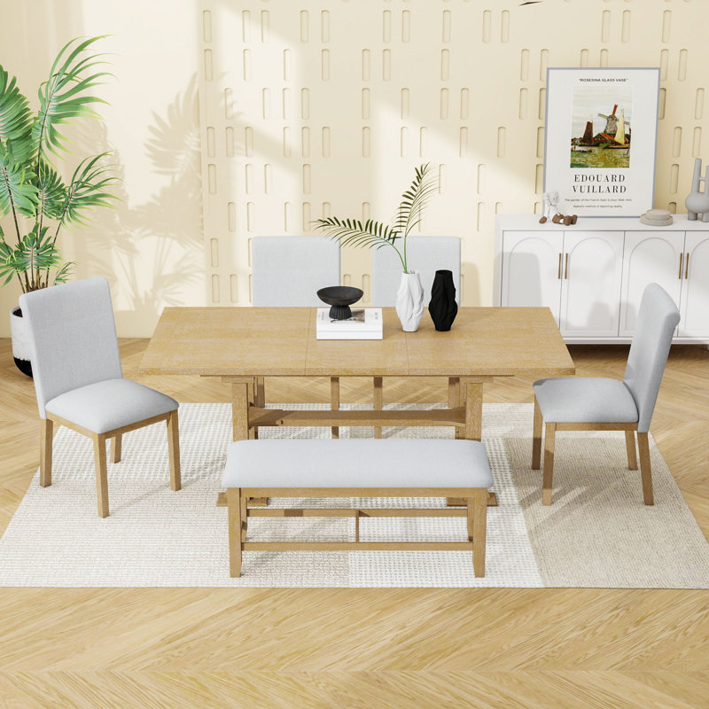 Lourdez 6-Piece Dining Set,Table with Upholstered Chairs and Bench, Natural