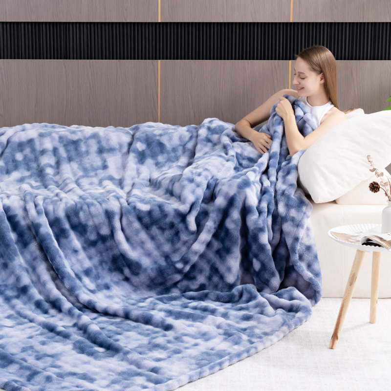 Faux Rabbit Fur Blanket Machine Woven Blanket, 152x127, Blue