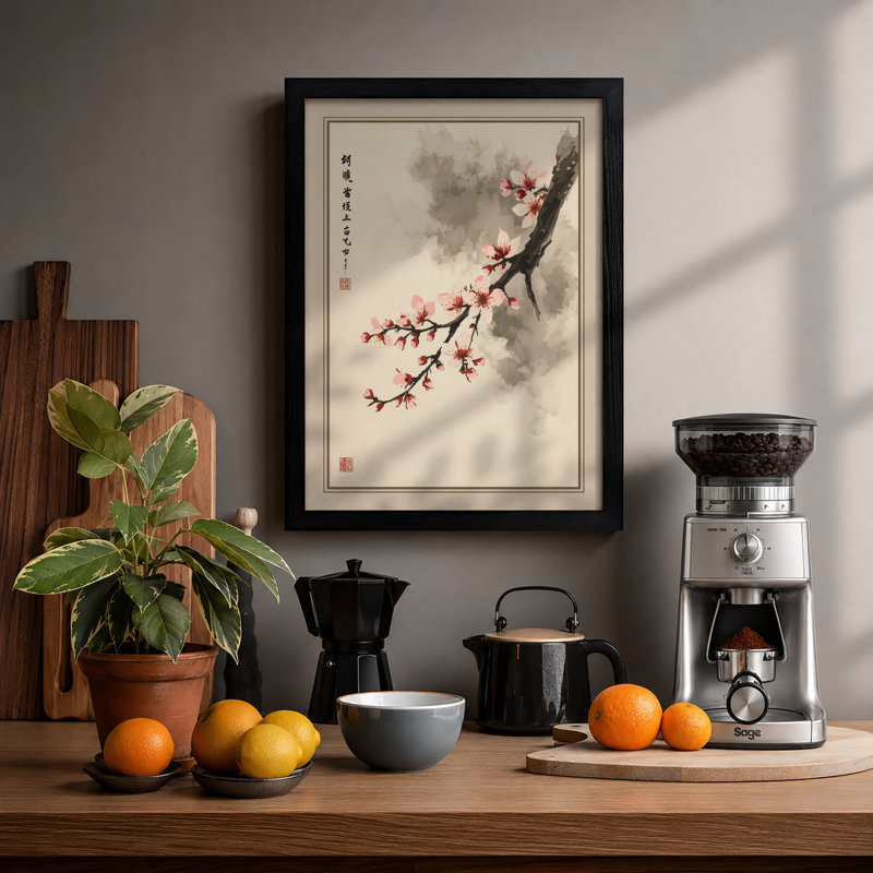 Flowering Branch In Mist Japandi - Print, A1 - 84.1 x 59.4 cm, Black