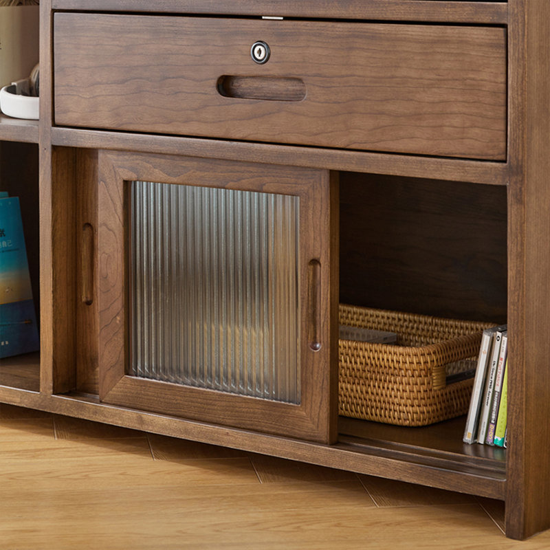 Bureau en bois massif en forme de L brun noyer + verre avec bureau à 2 tiroirs, Orienté à droite