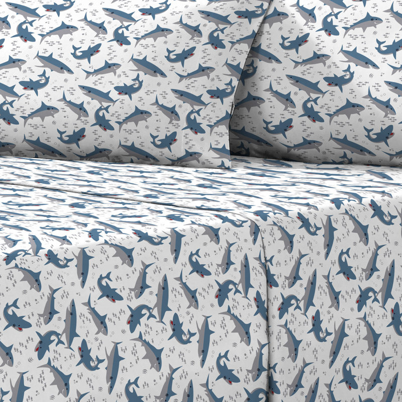Blue and White Shark Print Twin Microfiber Sheet Set