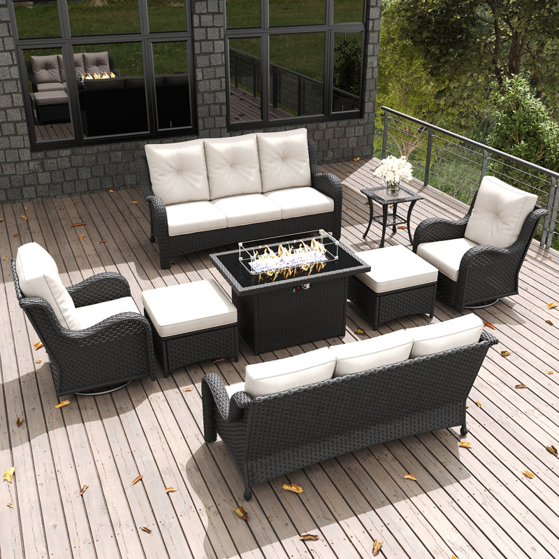  8 Pieces Outdoor Patio Furniture Set With Fire Pit Table, Rattan Wicker Sectional Swivel Rocker Chairs Sets With Ottomans, Swivel Glider Chair And Coffee Table