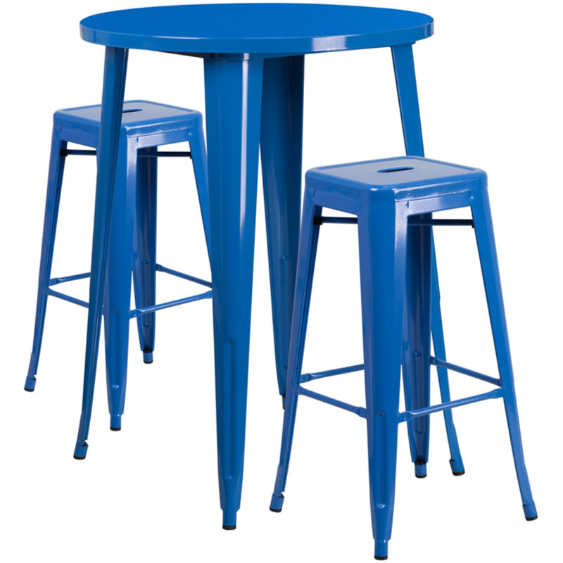 Ensemble de tables de bar rondes en métal pour l'intérieur et l'extérieur Gyala, Bleu, H 41 po x l 30 po x P 30 po