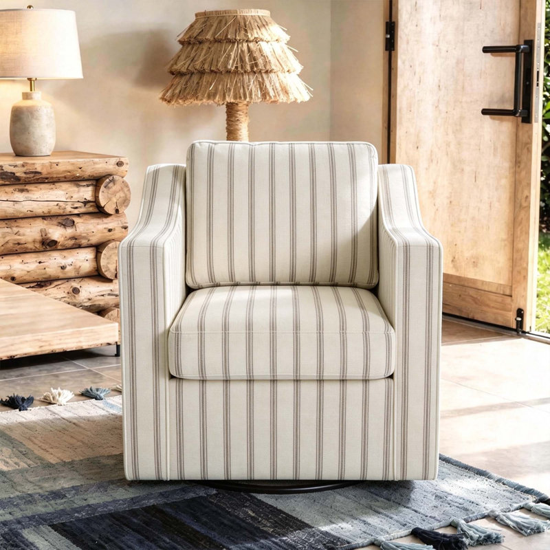 Upholstered Swivel Armchair, Pinstripe Light Brown Cotton Blend