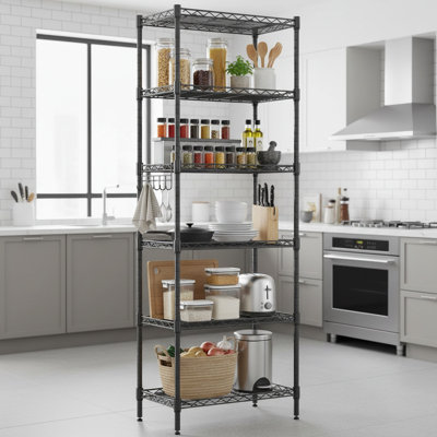 Augustine 6-Shelf Adjustable Storage Shelving Unit Steel Organizer Wire Rack with Hooks, Levelling Feet