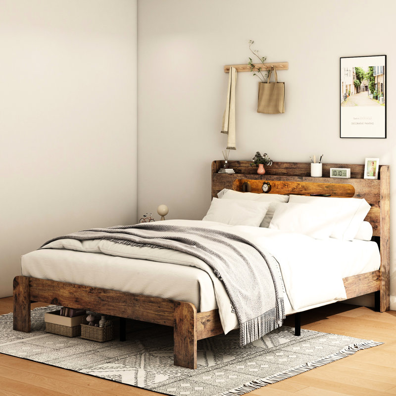 Base de lit en bois très foncé brun foncé avec tête de lit à rangement à DEL, 2 places, silencieux, sans sommier, assemblage simple, tête de lit spacieuse et étincelle, fonctionnement silencieux, espace facile