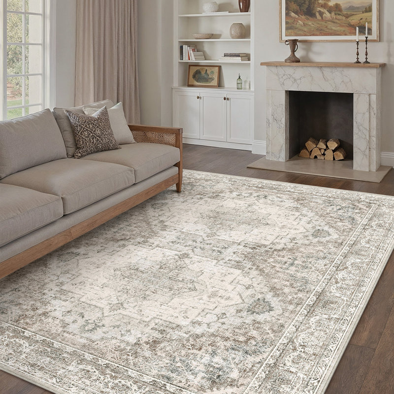 Elaine Machine Washable Vintage Area Rug With Non-Slip Backing, Rectangle 9' x 12', Brown, 0.28"