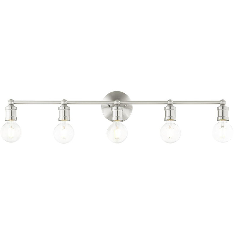 Superbe luminaire de meuble-lavabo de 42 po avec abat-jour en verre transparent soufflé à la main - 5 lumières.