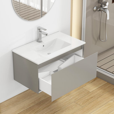 Meuble-lavabo de style campagne moderne de 32 pouces avec tiroirs à fermeture en douceur et fabrication en bois massif Whitaker