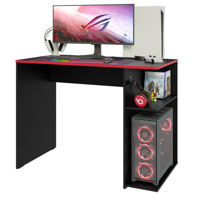 Bureau d'ordinateur de jeu compact avec 2 tablettes, gestion des câbles et grand support pour écran