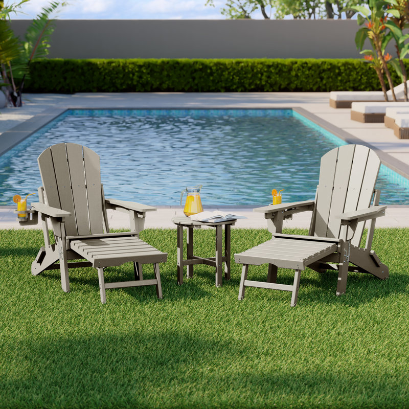 Outdoor Folding Adjustable Adirondack Chair With Hideaway Ottoman & Round Side Table, Sand