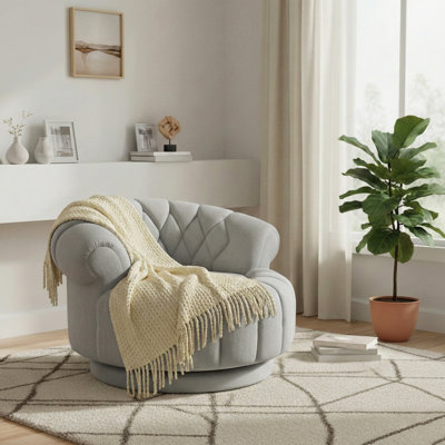 360° Swivel Chenille Accent Chair, Oversized Round Barrel Chair With Channel Tufting & Quilted Back