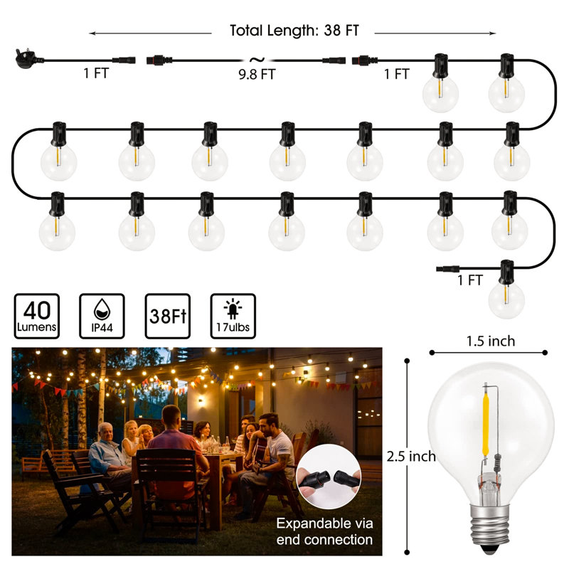 Aliva 1158.2cm 18 - Bulb Festoon Lights String Light (End to End Connectable)