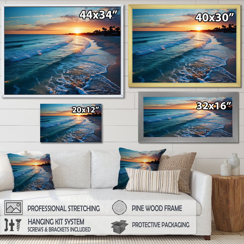 Tranquil Shores Sunset Beach Horizon III - Art mural plage, Cadre de coin blanc fermé, H 24 po x l 32 po x P 1 po